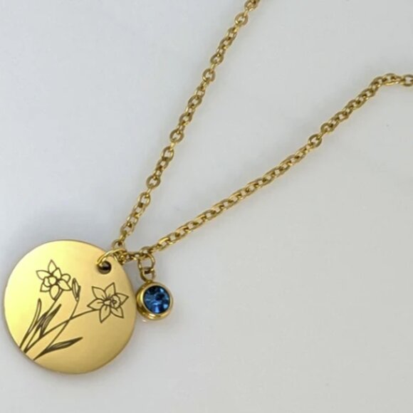 Handmade Gold Birth Flower & Birthstone on 16" Cable Chain Necklace - Picture 2 of 11